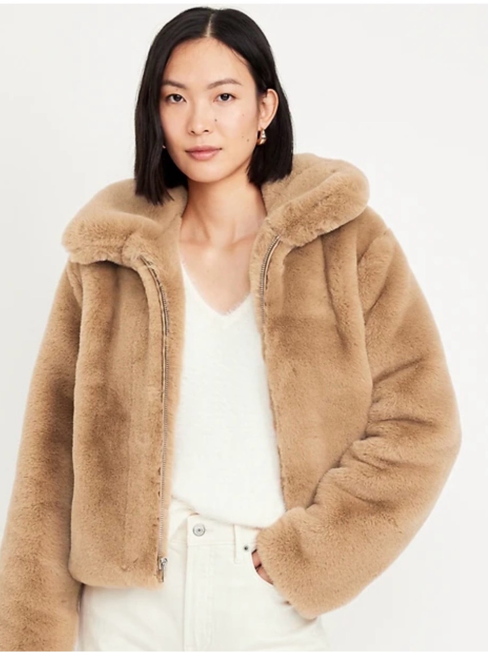 Old Navy Plush Faux Fur Hooded Jacket in Tan